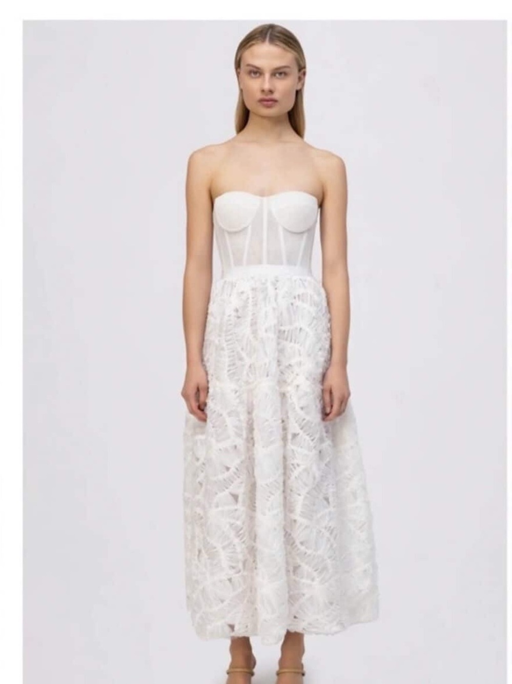 Jonathan Simkhai Strapless White Lace Corseted Midi Dress